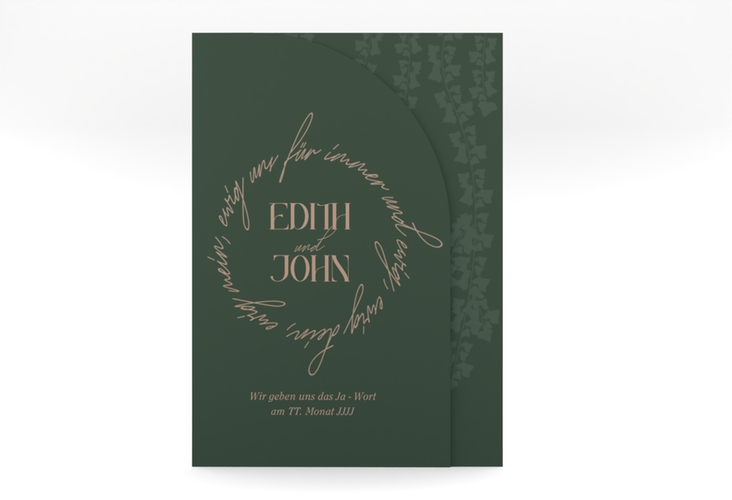 Hochzeitseinladung Efeugrün mittlere Bogen-Wickelfalzkarte gruen im Fantasy-Elfen-Design mit Efeu