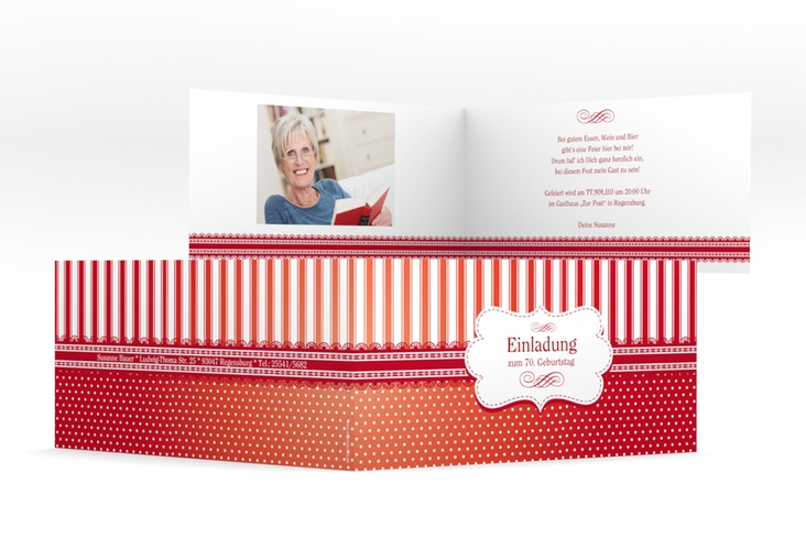 Einladung 70. Geburtstag Heinrich/Henriette lange Klappkarte quer rot mit frechen Polka Dots