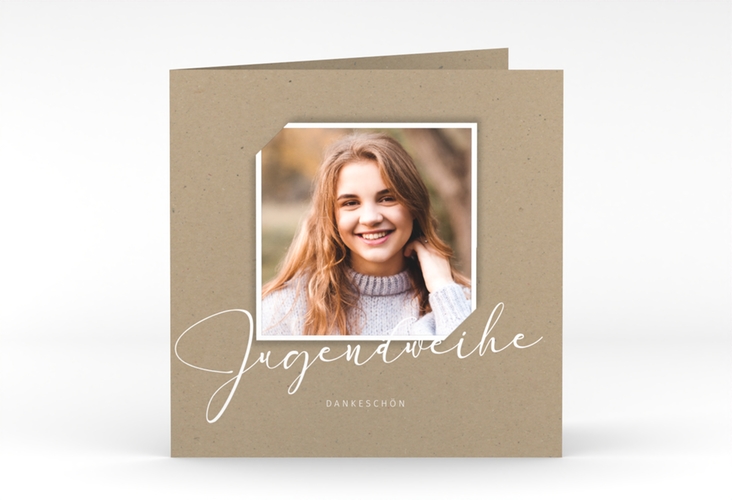 Danksagung Jugendweihe Santo quadr. Klappkarte in Kraftpapier-Optik mit Foto
