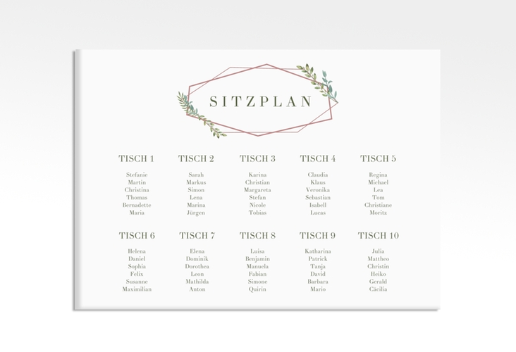Sitzplan Leinwand Hochzeit Herbarium 70 x 50 cm Leinwand rosa mit geometrischem Rahmen und Blätter-Dekor