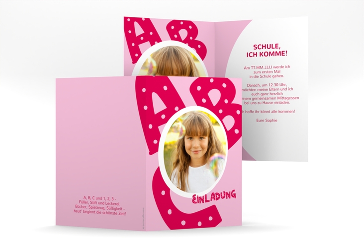 Einschulungskarte Alphabet A6 Klappkarte hoch pink