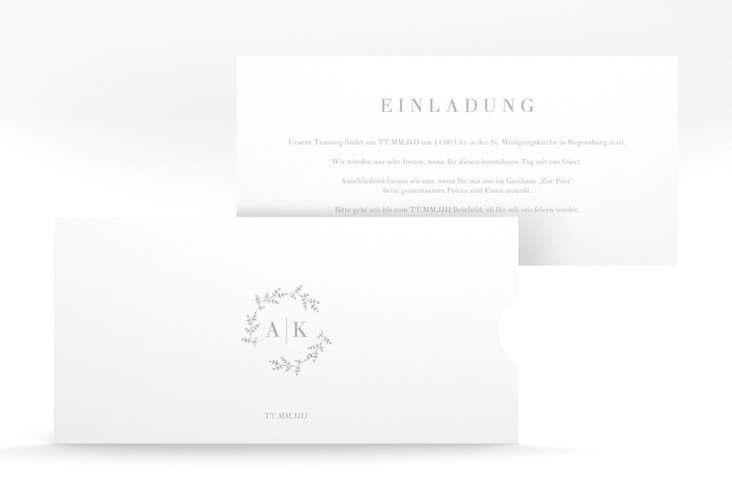 Hochzeitseinladung Filigrana Einsteckkarte in reduziertem Design mit Initialen und zartem Blätterkranz