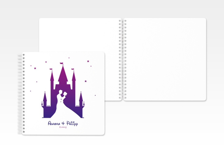 Gästebuch Hochzeit Castle Ringbindung weiss mit Silhouette von Märchenschloss mit Prinz und Prinzessin