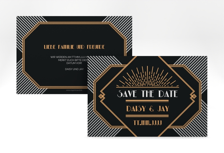 Save the Date-Karte Hochzeit Gatsby A6 Karte quer schwarz im 20er-Jahre-Stil