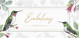 Einladung 80. Geburtstag Kolibri lange Karte quer mit zwei tropischen Vögeln