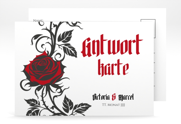 Antwortkarte Hochzeit Red Rose A6 Postkarte weiss