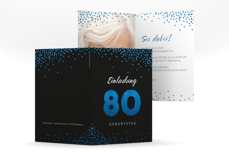 Einladung 80. Geburtstag Glitzer A6 Klappkarte hoch blau