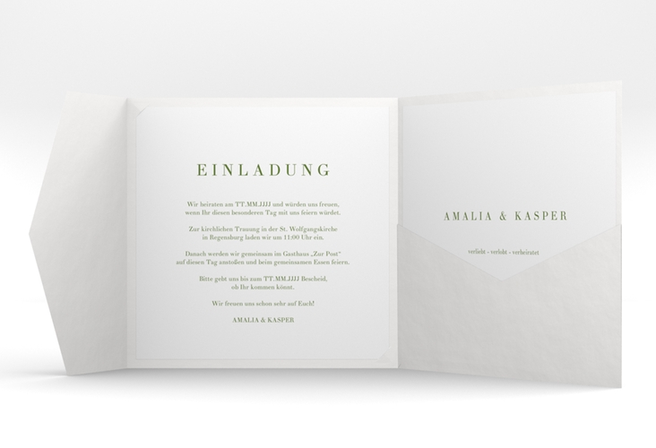 Hochzeitseinladung Filigrana Pocketfold gruen in reduziertem Design mit Initialen und zartem Blätterkranz