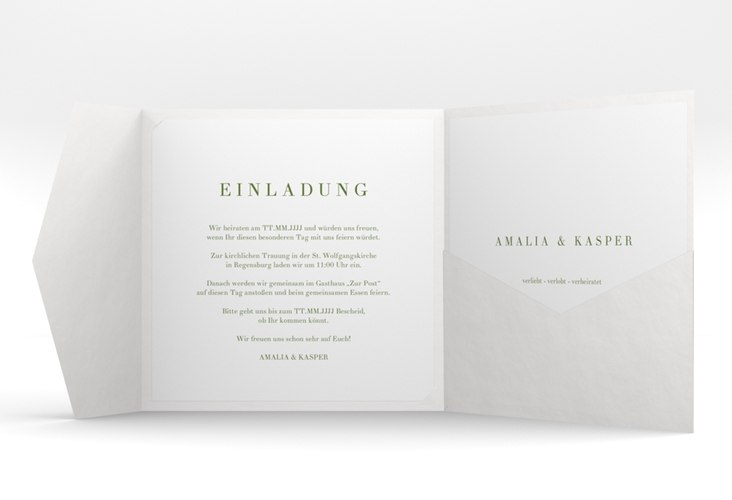 Hochzeitseinladung Filigrana Pocketfold gruen hochglanz in reduziertem Design mit Initialen und zartem Blätterkranz
