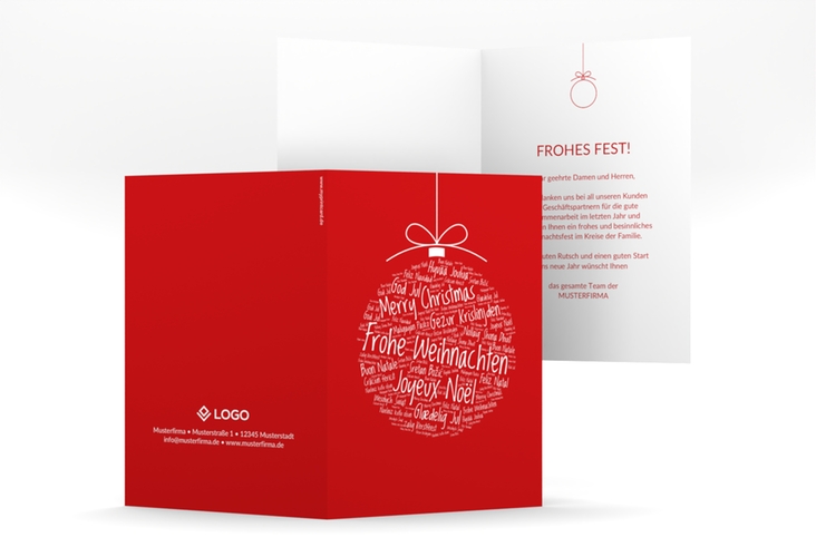 Business-Weihnachtskarte Wunderkugel A6 Klappkarte hoch rot hochglanz schlicht mit Christbaumkugel