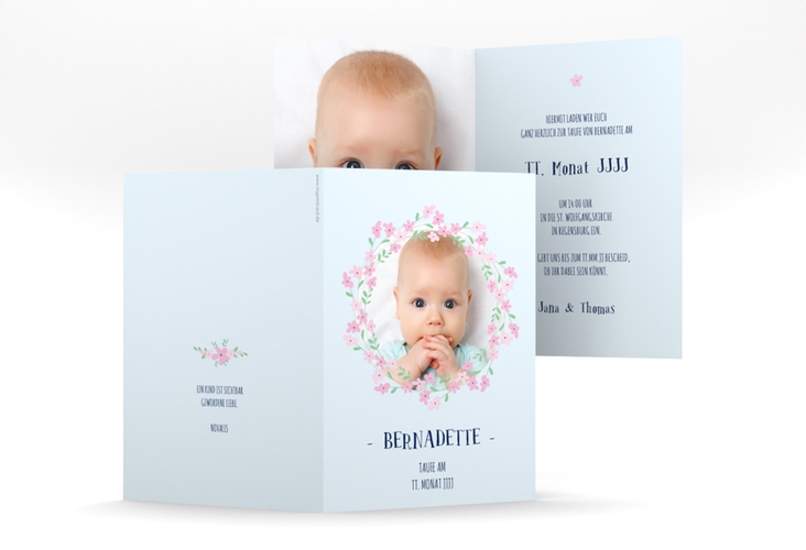 Einladungskarte Taufe Flowery A6 Klappkarte hoch blau hochglanz
