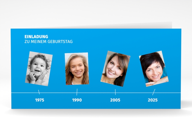 Einladung 50. Geburtstag Timeline lange Klappkarte quer blau