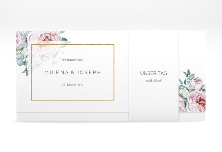 Hochzeitseinladung Embrace Wickelfalzkarte + Banderole weiss