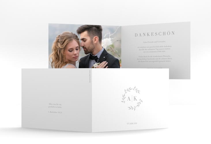 Dankeskarte Hochzeit Filigrana A6 Klappkarte quer grau in reduziertem Design mit Initialen und zartem Blätterkranz
