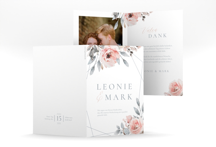 Danksagungskarte Hochzeit Perfection A6 Klappkarte hoch weiss mit rosa Rosen