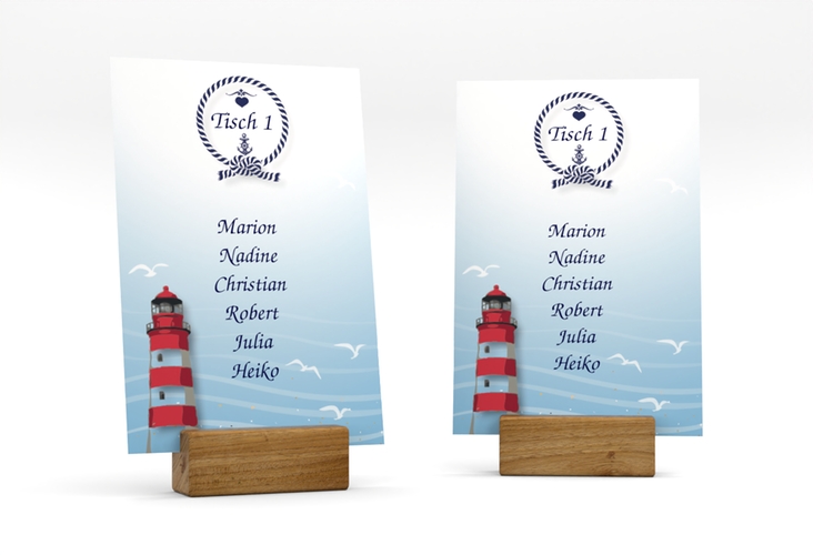 Tischaufsteller Hochzeit Sylt Tischaufsteller blau mit Leuchtturm