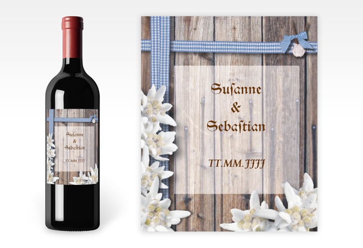 Weinflaschenetikett Hochzeit Bayern Etikett Weinflasche 4er Set mit Edelweiß in rustikaler Holz-Optik