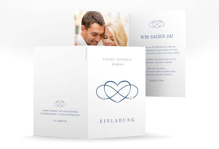 Einladungskarte Hochzeit Infinity A6 Klappkarte hoch blau