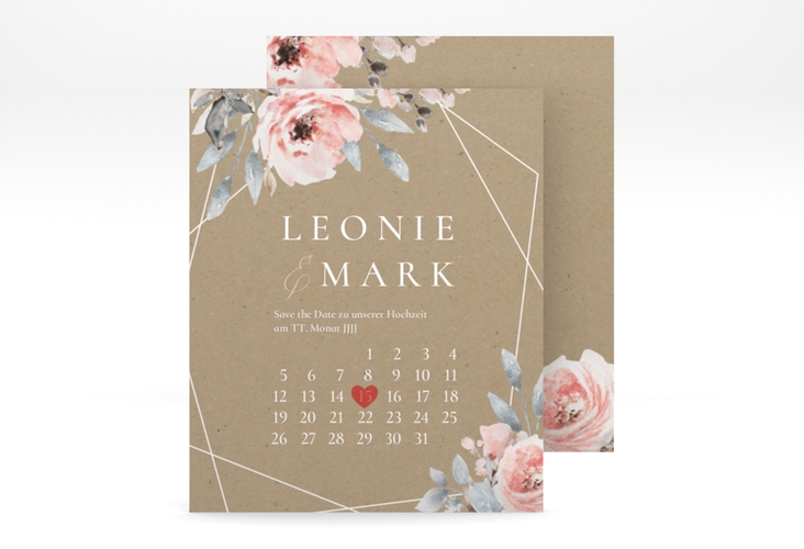 Save the Date-Kalenderblatt Perfection Kalenderblatt-Karte Kraftpapier hochglanz mit rosa Rosen