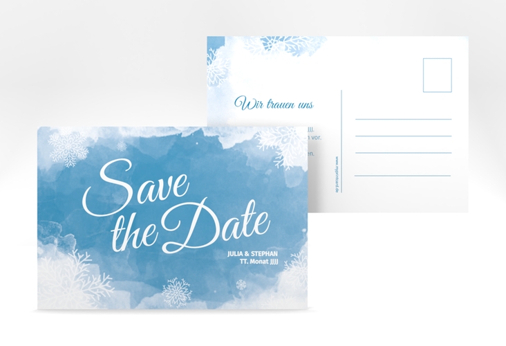 Save the Date-Postkarte Frozen A6 Postkarte blau mit Winter-Design
