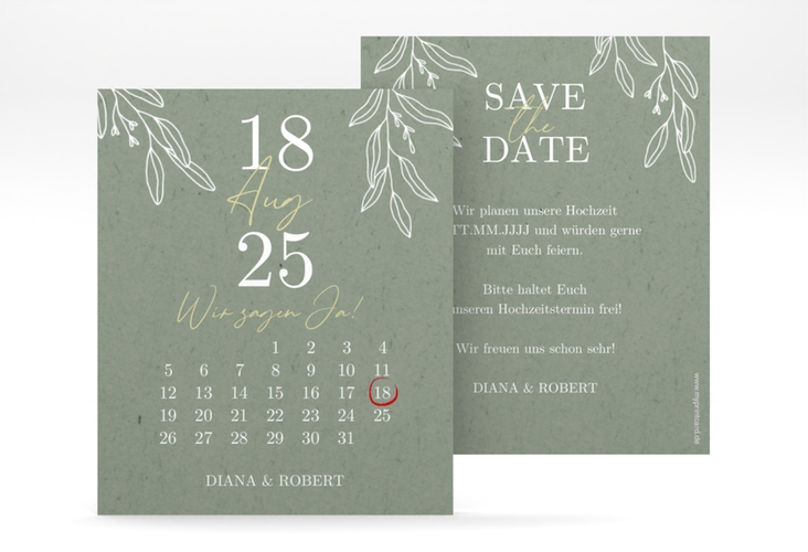 Save the Date-Kalenderblatt Greendate Kalenderblatt-Karte im Greenery-Design mit Holz, Eukalyptus und Immergrün