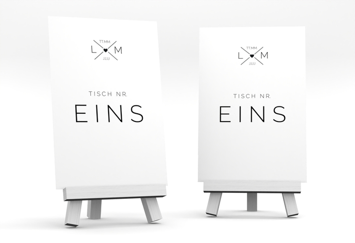 Tischnummer Hochzeit Initials Tischaufsteller schwarz mit Initialen im minimalistischen Design