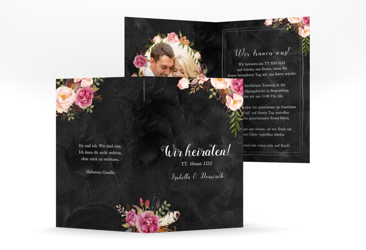 Einladungskarte Hochzeit Flowers A6 Klappkarte hoch schwarz hochglanz mit bunten Aquarell-Blumen