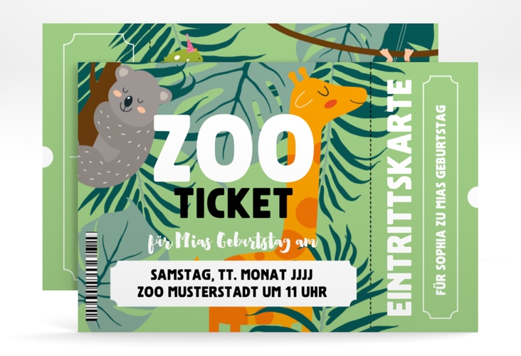 Einladungskarte Kindergeburtstag Zooticket A6 Karte quer gruen mit Giraffe und Dschungel-Tieren