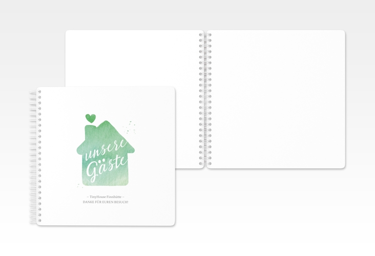 Gästebuch Ferienwohnung Tiny House Ringbindung gruen mit Aquarell-Häuschen
