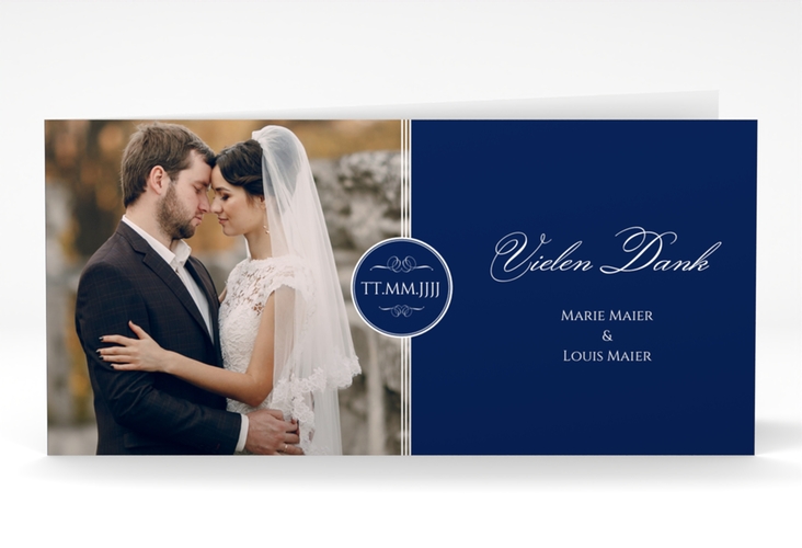 Dankeskarte Hochzeit Elegancy lange Klappkarte quer blau