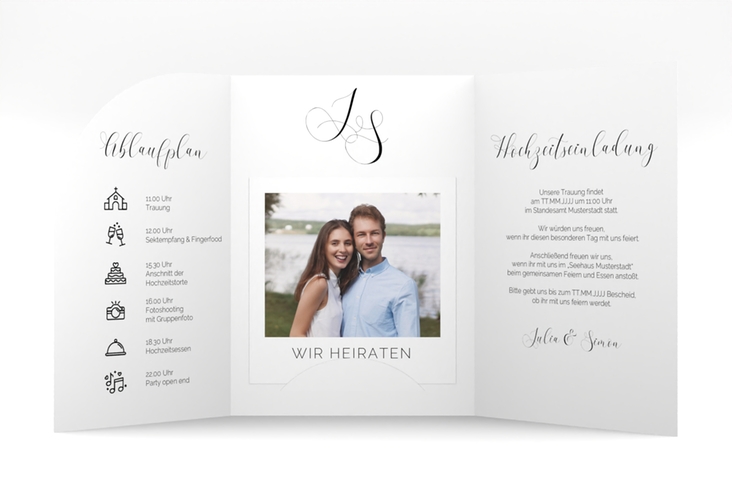 Hochzeitseinladung Eheschließung mittlere Bogen-Wickelfalzkarte weiss