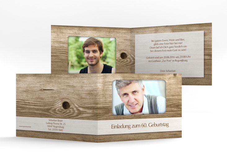 Einladungskarte Michael/Michaela A6 Klappkarte quer hochglanz im rustikalen Holz-Design mit Foto