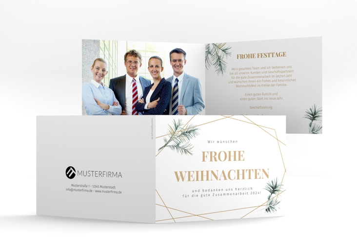 Geschäftliche Weihnachtskarte Edeltanne A6 Klappkarte quer gold hochglanz mit Tannenzweigen und edlem Goldrahmen