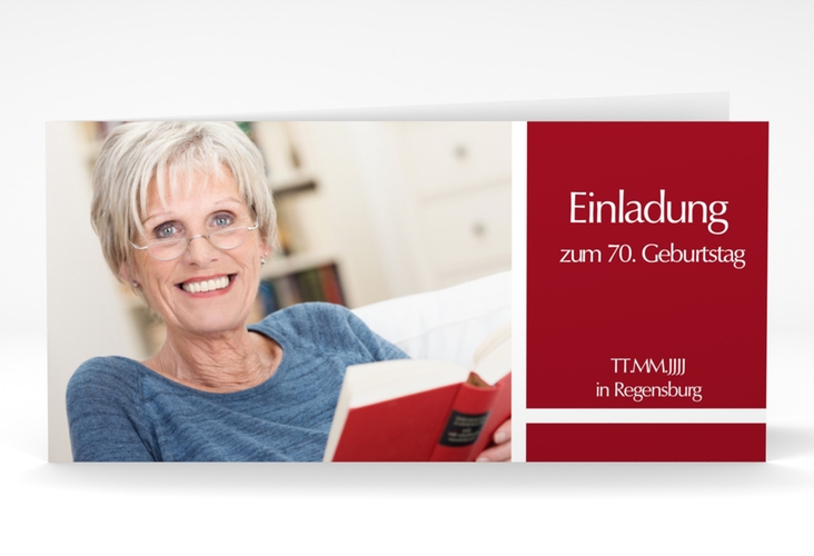 Einladung 70. Geburtstag Gerd/Gerda lange Klappkarte quer rot mit Foto