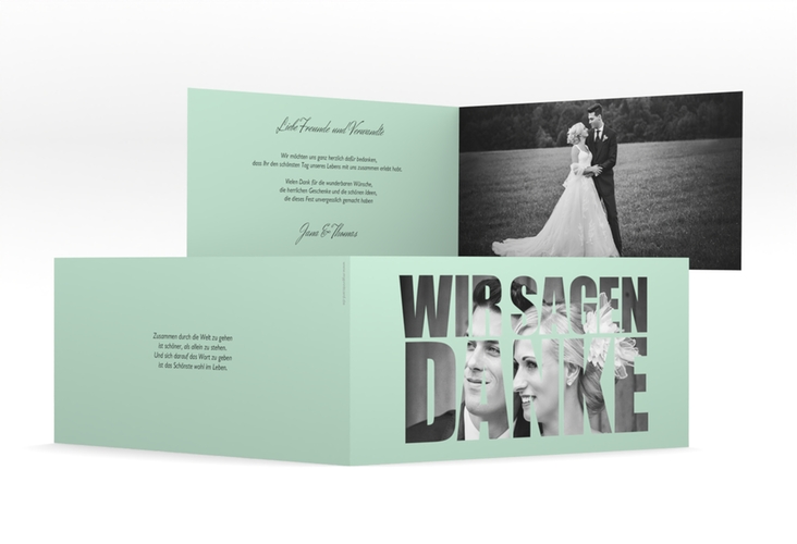 Dankeskarte Hochzeit Letters lange Klappkarte quer mint hochglanz