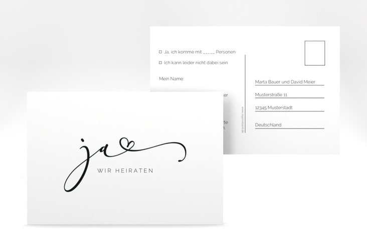 Antwortkarte Hochzeit Jawort A6 Postkarte weiss hochglanz modern minimalistisch mit veredelter Aufschrift