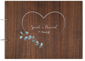 Klick: Details zu Gästebuch Holzcover Nussbaum "Greenheart" anzeigen Gästebuch Holzcover Nussbaum Greenheart Holz-Cover, bedruckt grau mit elegantem Herz und Eukalyptus-Zweig