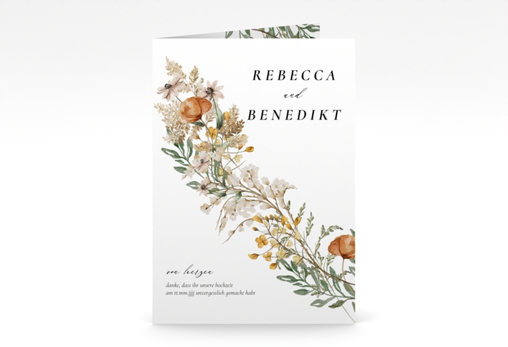 Danksagungskarte Hochzeit Wildfang A6 Klappkarte hoch weiss mit getrockneten Wiesenblumen