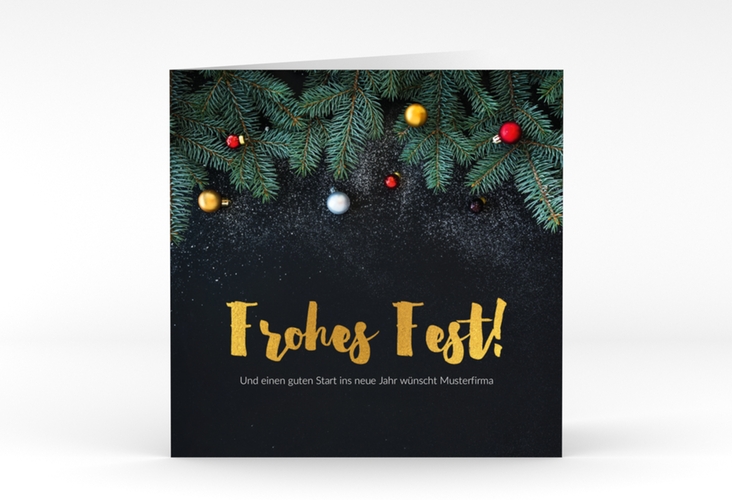 Geschäftliche Weihnachtskarte Weihnachtlich quadr. Klappkarte schwarz hochglanz mit goldener Schrift und Weihnachtsdekor