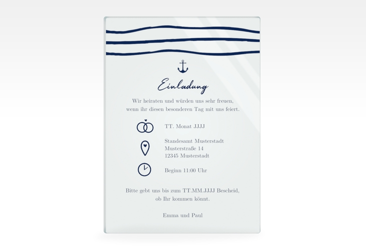Acryl-Hochzeitseinladung Liebesanker Acrylkarte hoch blau mit maritimem Streifenmuster und kleinem Anker