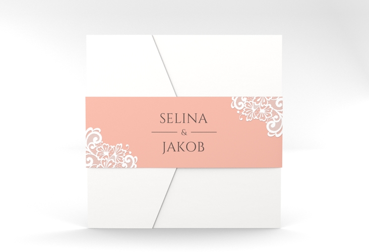 Hochzeitseinladung Vintage Pocketfold apricot mit floraler Spitze