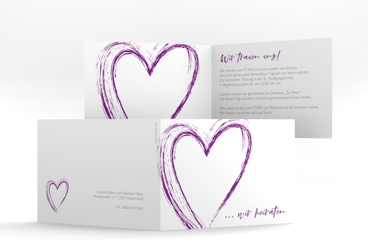 Hochzeitseinladung Liebe A6 Klappkarte quer lila hochglanz