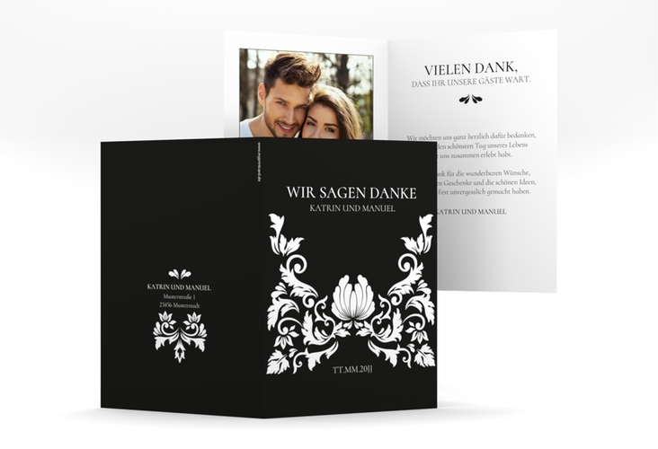 Danksagungskarte Hochzeit Royal A6 Klappkarte hoch schwarz mit barockem Blumen-Ornament