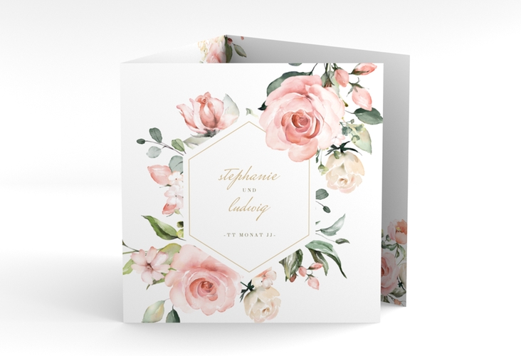 Dankeskarte Hochzeit Graceful quadr. Doppel-Klappkarte weiss hochglanz mit Rosenblüten in Rosa und Weiß