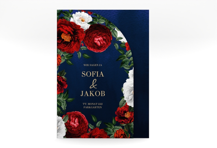 Hochzeitseinladung Florista mittlere Bogen-Wickelfalzkarte blau