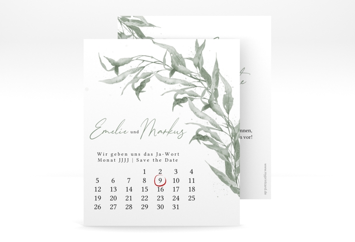 Save the Date-Kalenderblatt Eucalyptus Green Kalenderblatt-Karte weiss