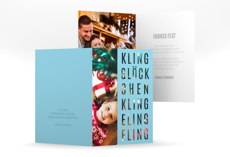 Weihnachtskarte Klingeling A6 Klappkarte hoch tuerkis hochglanz