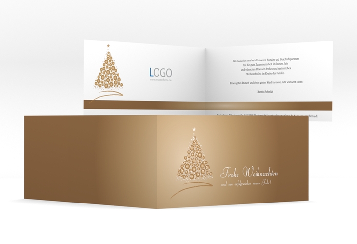 Business-Weihnachtskarte Goldverlauf lange Klappkarte quer hochglanz mit Weihnachtsbaum-Motiv