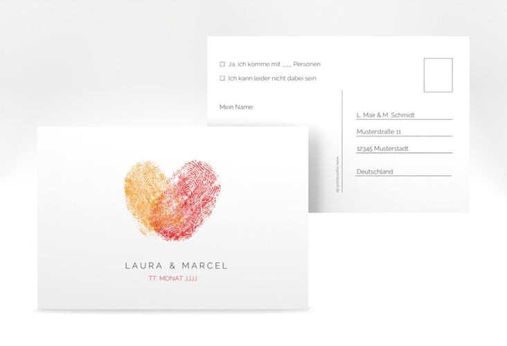 Antwortkarte Hochzeit Fingerprint A6 Postkarte rot schlicht mit Fingerabdruck-Motiv