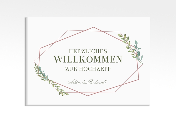 Willkommensschild Leinwand Herbarium 70 x 50 cm Leinwand rosa mit geometrischem Rahmen und Blätter-Dekor